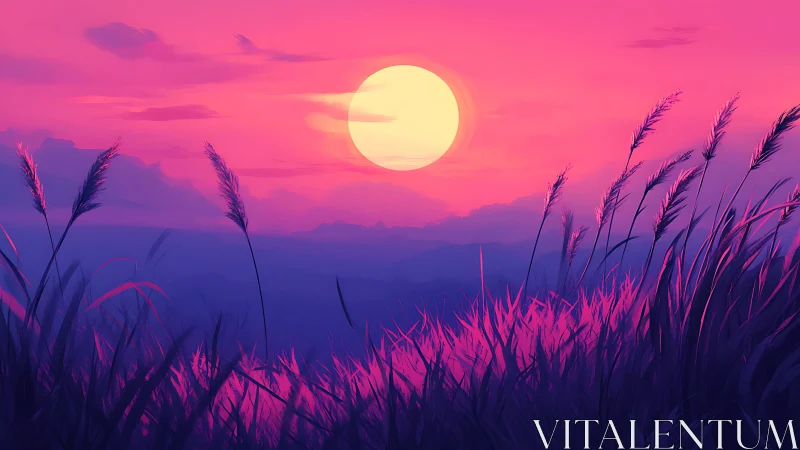 Vivid magenta sunset bathes windblown grasses in dreamlike light.