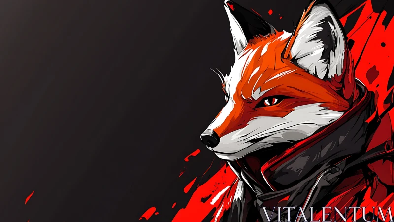 Cybernetic red fox portrait in tactical coat on dark field