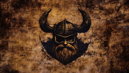 Viking warrior helm icon dominates rough textured canvas
