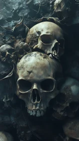 Photorealistic ossuary wall with decayed skull cluster composition.