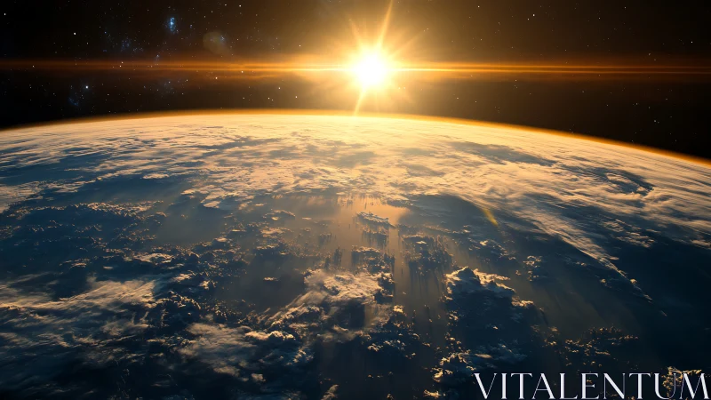 Orbital sunrise over cloud-laden Earth with lens-flare scatter.