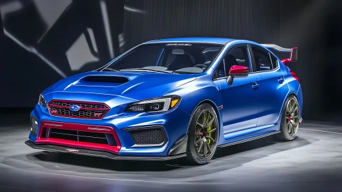 Blue performance sedan with aerodynamic kit on display stage.