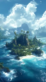 Tropical Island Paradise. Lush palms crown volcanic rock amid azure waters.