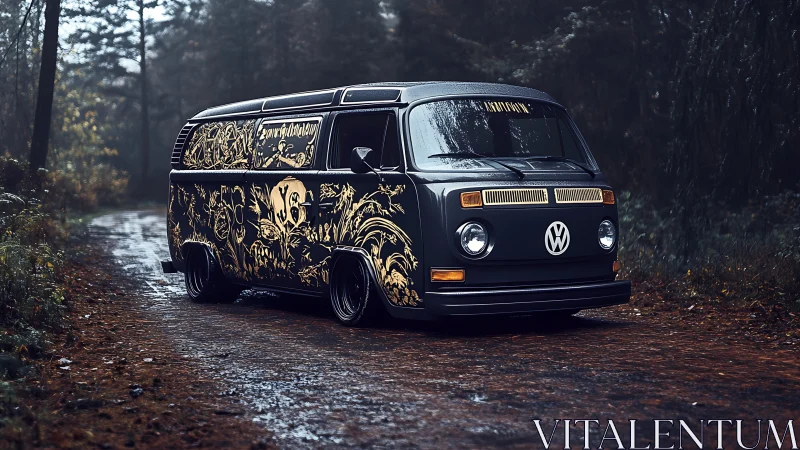 Custom VW van with gold graphics on wet forest roadway.