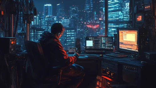 Midnight coder maps neon city secrets from a high rise.