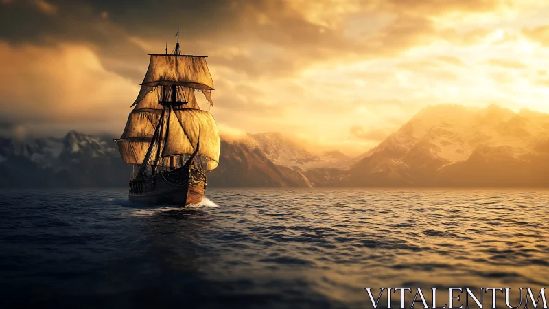 Golden-hour galleon sailing before sunlit alpine coastline.