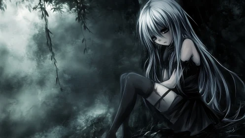 Silver-haired girl curls alone in stormlit midnight forest.
