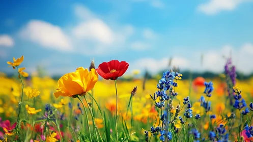 Sunlit wildflower meadow dances gently beneath blue skies