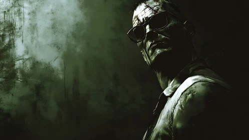 Grim man in sunglasses against dark green abstract wall.