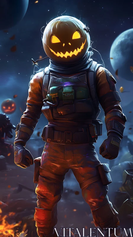 Armored pumpkin-headed fighter stands in glowing lunar battlefield