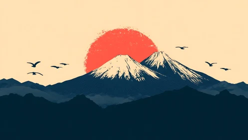 Crimson sun behind twin peaks with silhouetted flight path.