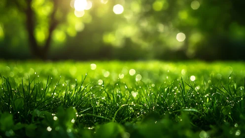 Morning dew sparkles on sunlit grass in dreamy green bokeh.