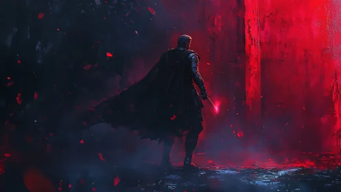 A lone dark warrior meets a glowing red gateway of power