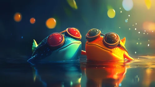 Playful frog friends sharing a glowing nighttime swim.