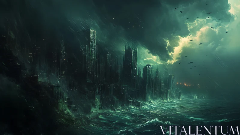 Storm-driven ocean surges against submerged high-rise city