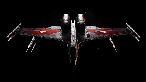 Crimson starfighter gliding through a quiet cosmic void.