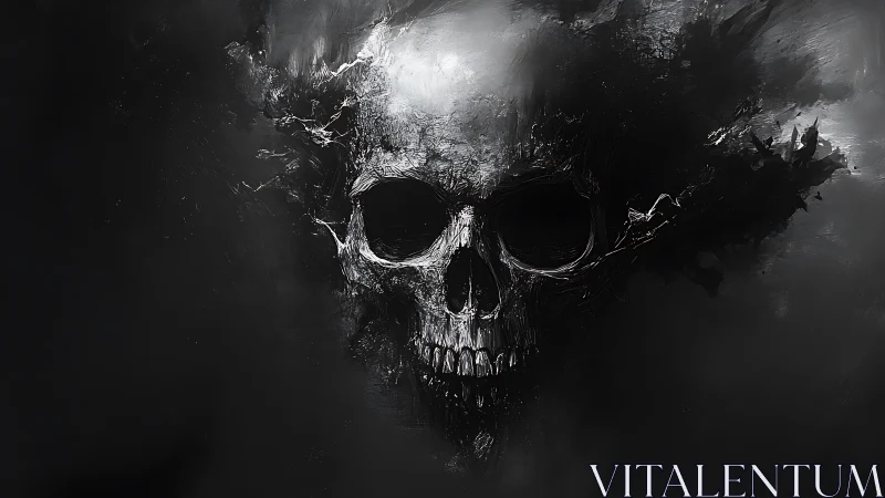 Skull emerging from volatile smoke in monochrome abstraction.