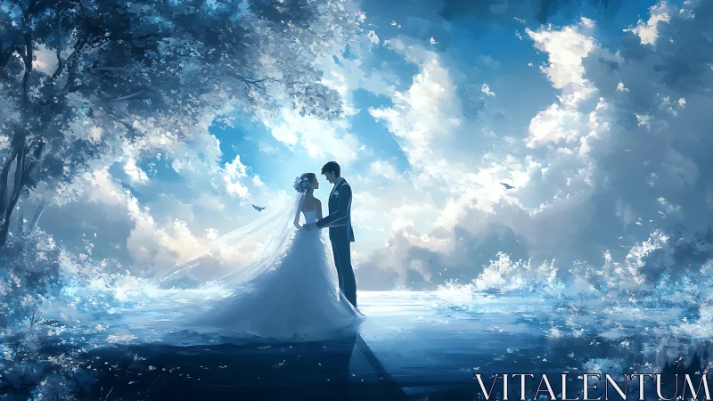Couple in Wedding Attire Standing Together in Cloudy Sky
