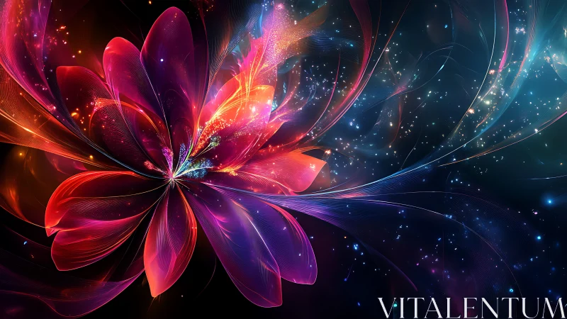 Digital abstract floral form expands across a starfield