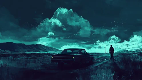 Solitary figure and car under cyan nocturnal storm clouds