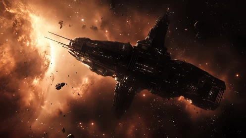 Large spacecraft silhouette against luminous stellar field.