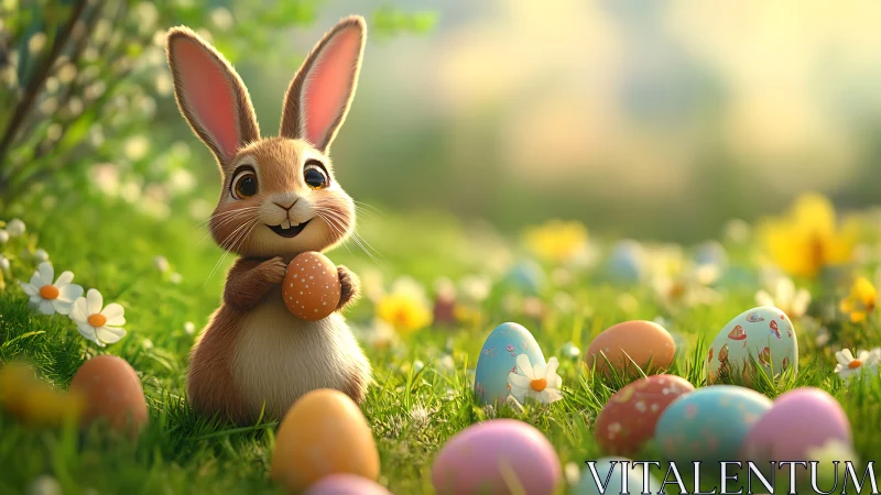Cartoon rabbit holding decorated egg in spring meadow scene.