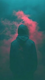 Hooded silhouette stands in neon fog under moody teal sky.
