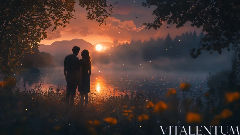 Couple silhouetted at sunset by misty lakeside