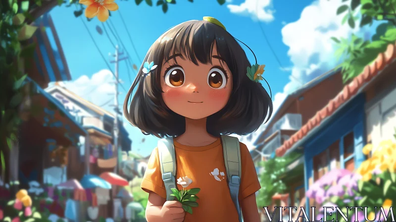 Sunny street stroll with bright eyed girl and soft blooms.