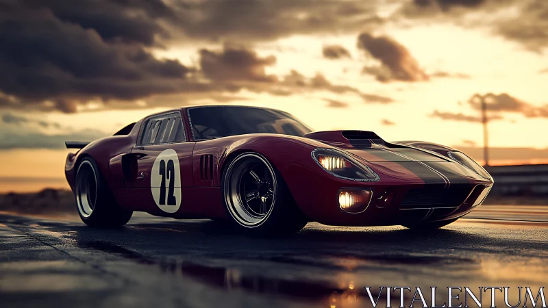 Retro racing car glows on wet track at dramatic sunset.