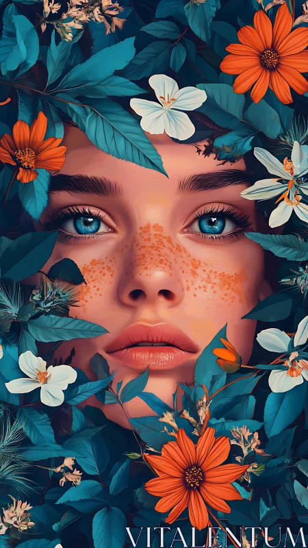 Female face framed by dense teal foliage and flowers.