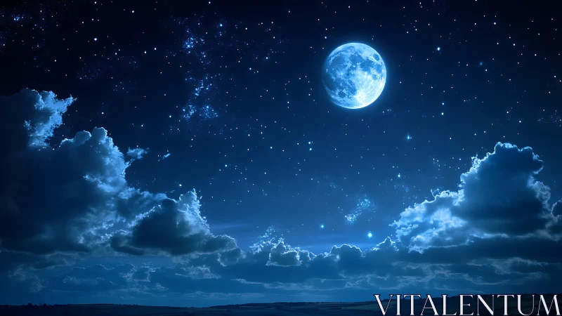Luminous full moon above cloud-framed starry night sky.