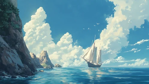 Tall ship sails past sunlit cliffs under towering clouds.