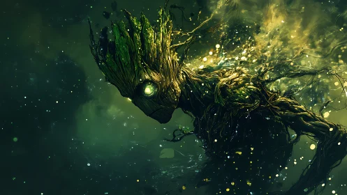 Tree-like humanoid figure composed of roots drifts in space