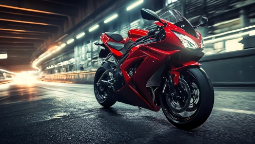 Red supersport motorcycle underpass run with dynamic motion blur