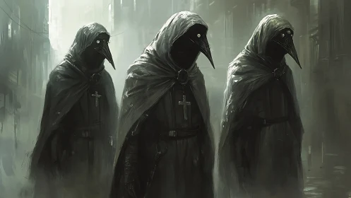 Three cloaked plague doctor figures stand in a foggy alley