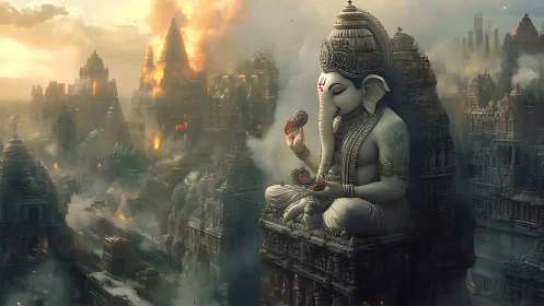Colossal Ganesha statue over misty burning temple city.