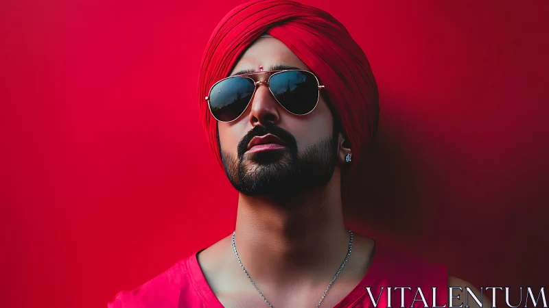 Stylized portrait of turbaned man with sunglasses on red wall