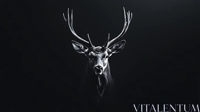 High-contrast monochrome stag portrait with rim-lit antler structure