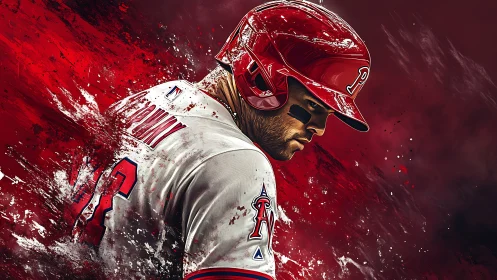 Baseball slugger portrait amid dynamic red paint splash