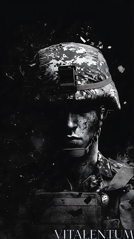Soldier silhouette emerges from shattered digital darkness.