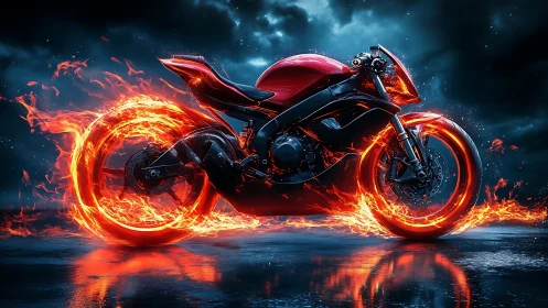 Flaming red superbike stands on wet asphalt under storm clouds