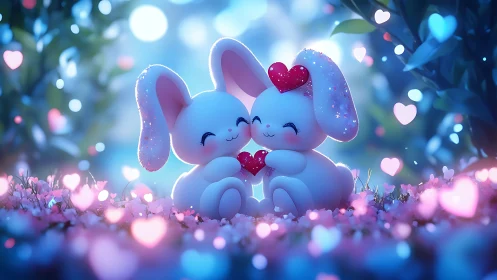 Starlit bunny sweethearts trading hearts in pastel glow.
