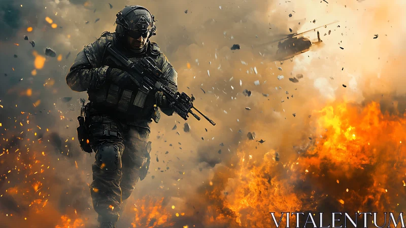 Tactical operator advancing through fireball detonation field