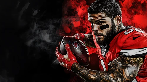 Intense gridiron runner in red jersey against firestorm backdrop.