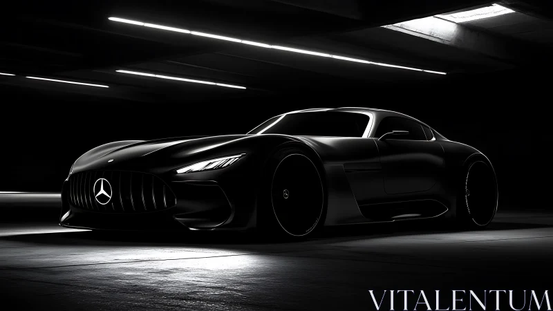Low‑key render shows Mercedes sports car in dark garage