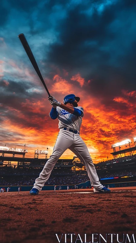 Sunset stadium power swing under dramatic burning sky.