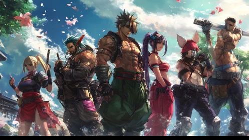 Anime warrior squad under cherry blossoms in battle standoff.
