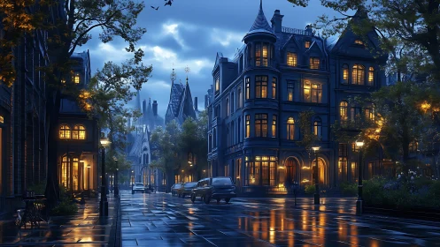 Nocturnal boulevard captures neo-gothic architecture in rain