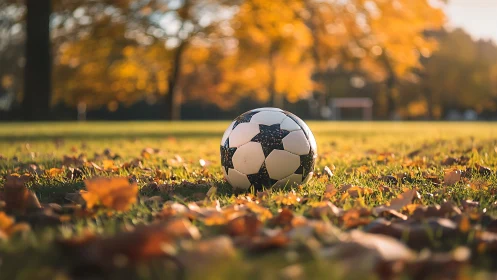 Soccer ball resting on autumn field in warm evening light.